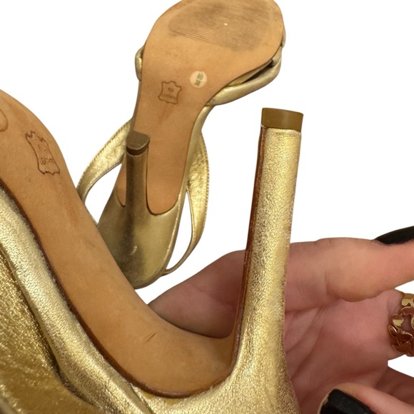 NWOT- BCBGMaxAzria Metallic Gold Stiletto Sandals with Elegant Soft Straps- SZ-8 - Picture 9 of 11